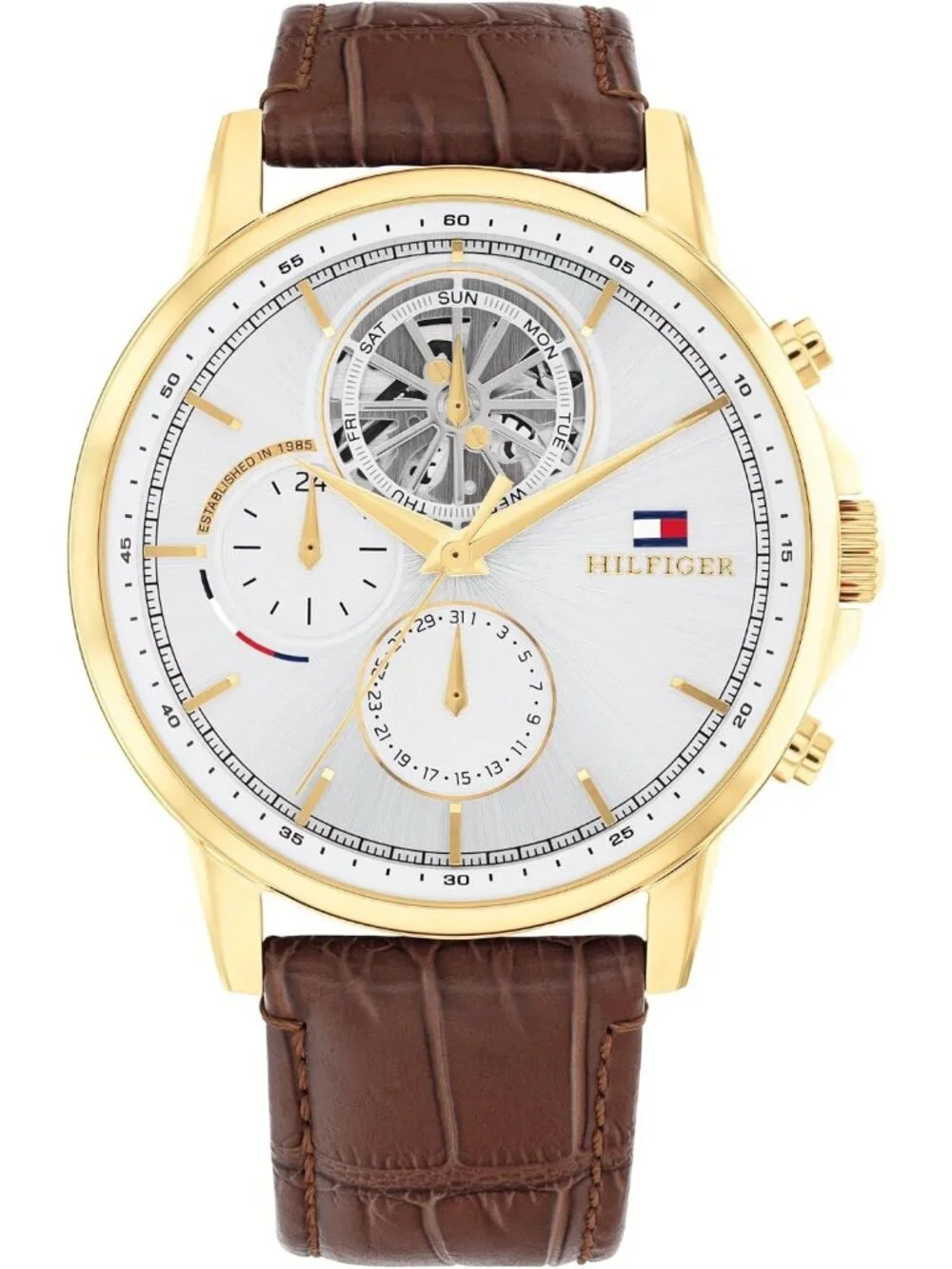 Men's Brown White Leather Strap Classic Multi-Function Fashion Dress Wrist Watch